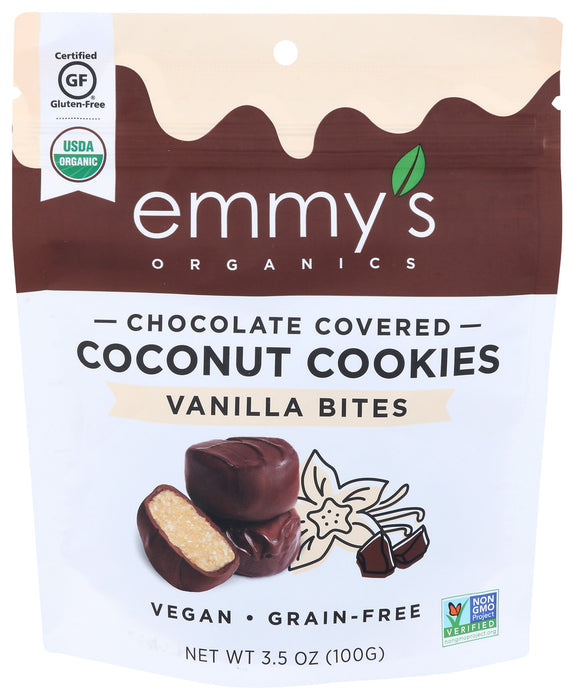 Emmys Organics  Organic Chocolate Covered Coconut Cookie Bites With Vanilla  3.5 Oz