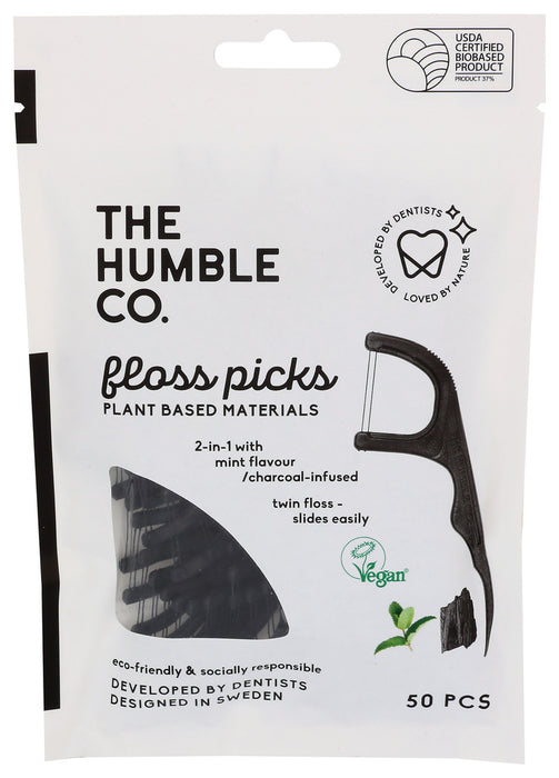 The Humble  Floss Picks Charcoal Mint  50 Ct