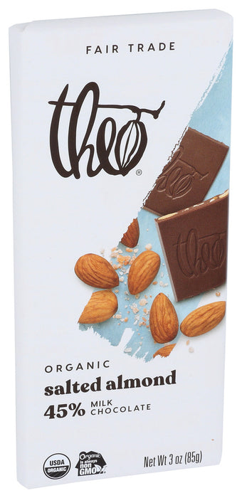 Theo Chocolate Organic Salted Almond 45% Milk Chocolate Bar 3 Oz