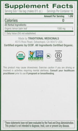 Traditional Medicinals  Organic Herbal Tea Lemon Balm Lemon Bal Og2  16 Bag