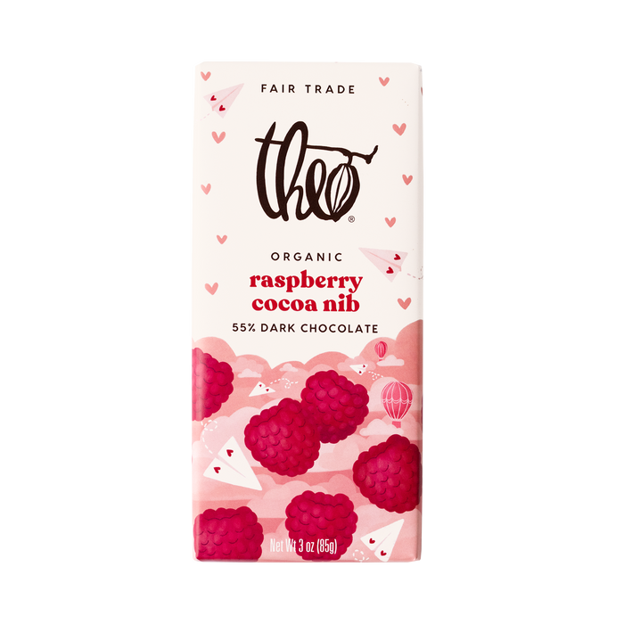 Theo Raspberry Cocoa Nib Organic Dark Chocolate Bar 55% Cacao 3 OZ