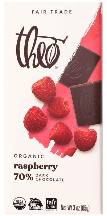 Theo Chocolate Dark Chocolate Bar 70 Percent Raspberry 3 Oz