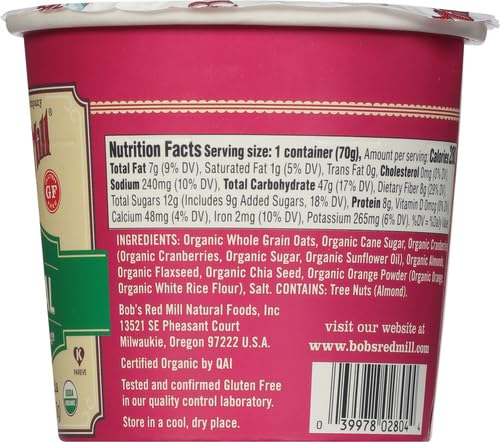 Bob'S Red Mill  Organic Oatmeal Cranberry Orange Cup   2.47 Oz