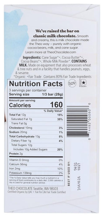 Theo Chocolate Organic 45% Pure Milk Chocolate Bar 3 Oz