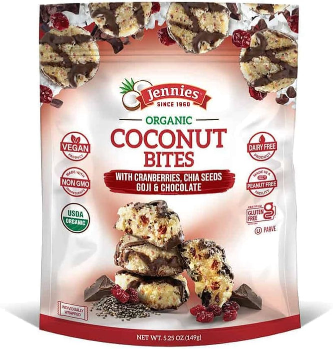 Jennies  Organic Coconut Bites With Cranberries Chia Seeds Goji And Chocolate  5.25 Oz