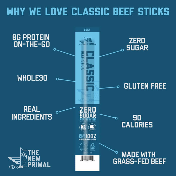 The New Primal Grass-Fed Beef Sticks, Classic 5 sticks (1 oz each)