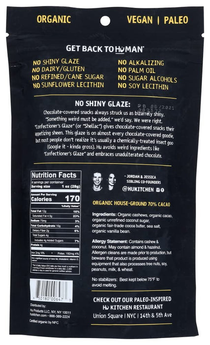 Hu Kitchen  Organic Hunks Chocolate Covered Cashews & Vanilla Bean   4 Oz