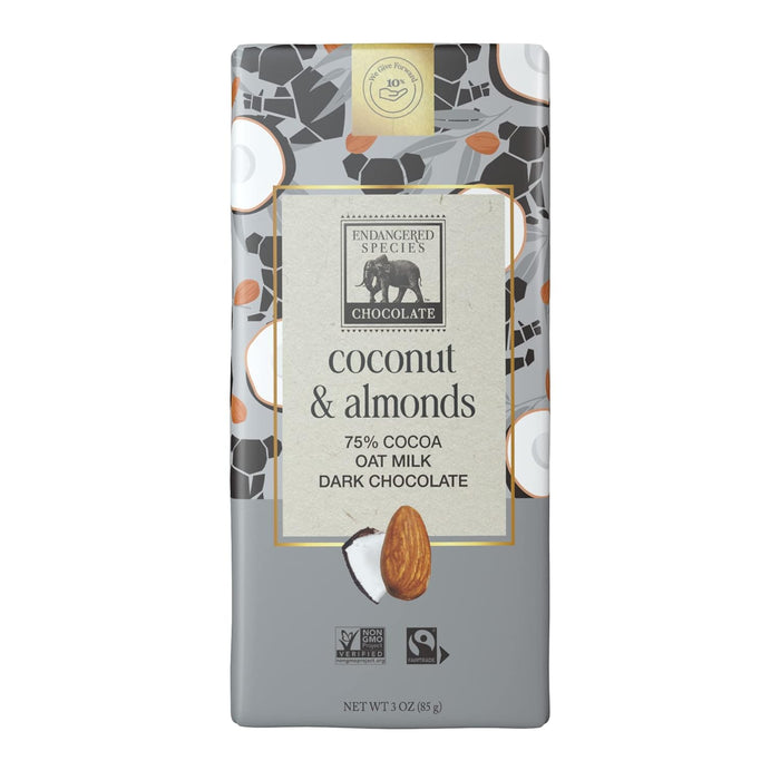 Endangered Species  Oat Milk Dark Coconut & Almond Bar With 75 Percent Cocoa   3 Oz