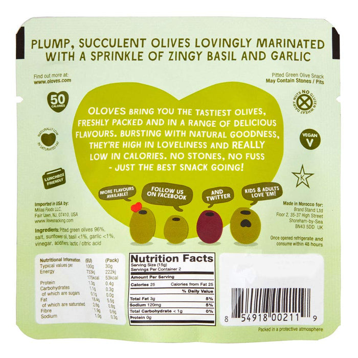 Oloves Green Pitted Olives Basil And Garlic 1.1 oz