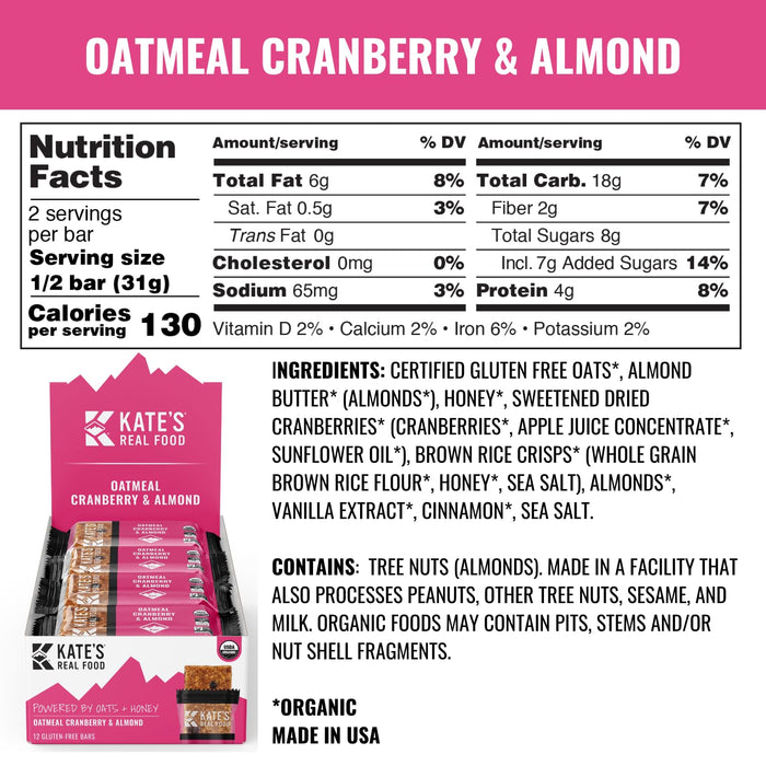 Kate`S Real Food  Organic Bar Cranberry Almond Oatmeal   2.2 Oz