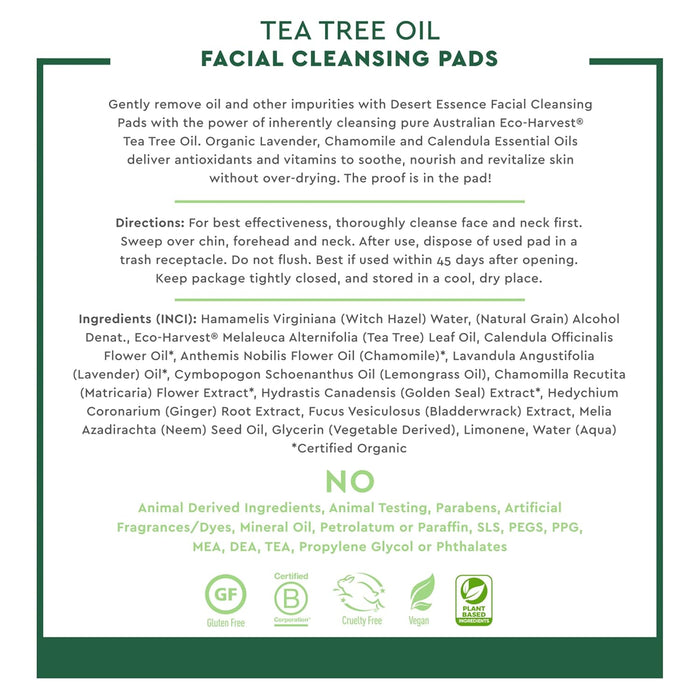 Desert Essence  Natural Tea Tree Oil Facial Cleansing Pads Original  1 Each  50 Ct