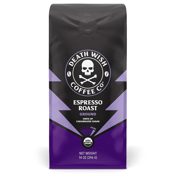 Death Wish Coffee  Ground Espresso Roast - Extra Kick of Caffeine - Organic  Fair Trade  Strong Grou