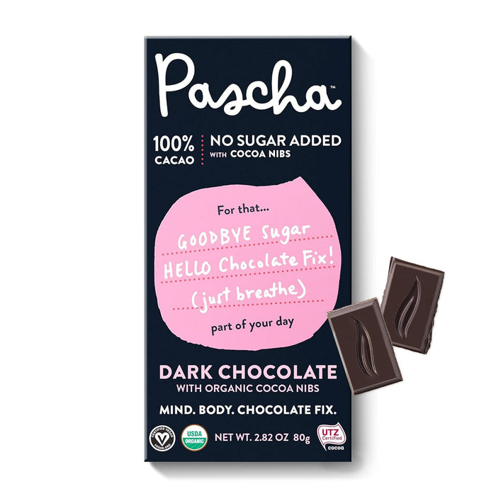 Pascha  100% Cacao Dark Chocolate Bar With Crunchy Nibs   2.82 Oz