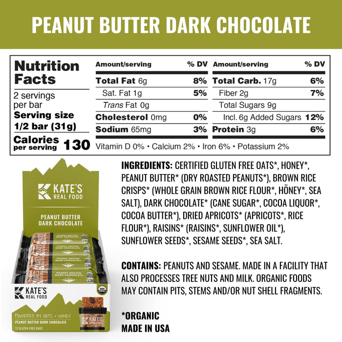 Kate`S Real Food  Organic Grizzly Bar Peanut Butter Dark Chocolate   2.2 Oz