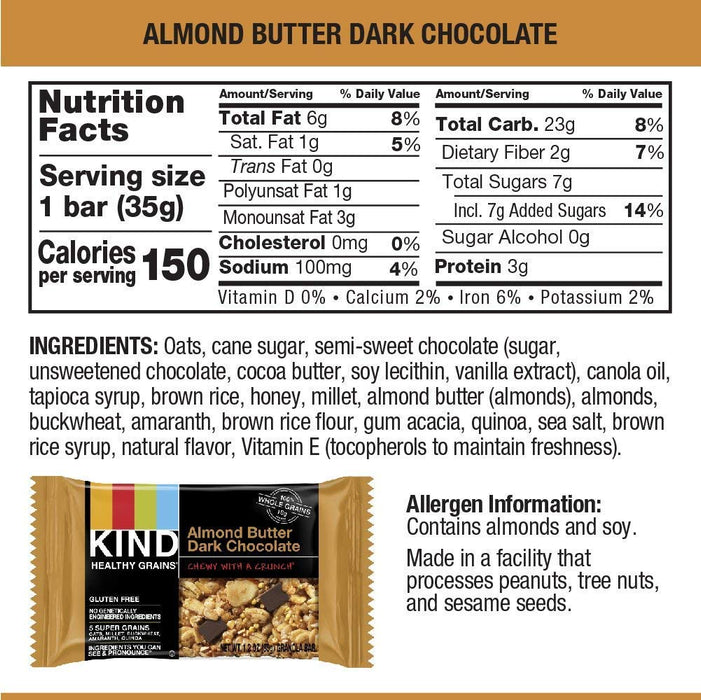 Kind  Healthy Grains Granola Bars Gluten Free Almond Butter Dark Chocolate   5/1.2 Oz