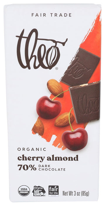 Theo Chocolate Organic Cherry Almond 70% Dark Chocolate Bar 3 Oz