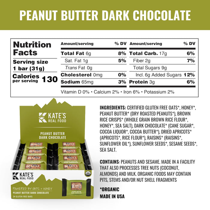 Kate`s Real Food Og2 Kate Bar Dark Chocolate Peanut butter 1.1 OZ