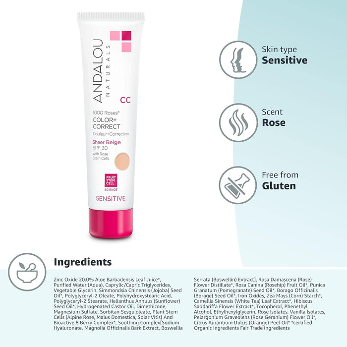 Andalou Naturals 1000 Roses Color Plus Correct Sheer Spf 30 Nude 2 Oz