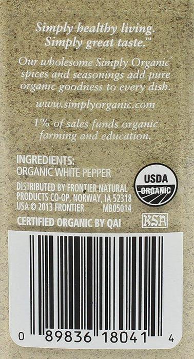 Simply Organic  Organic White Pepper  2.86 Oz