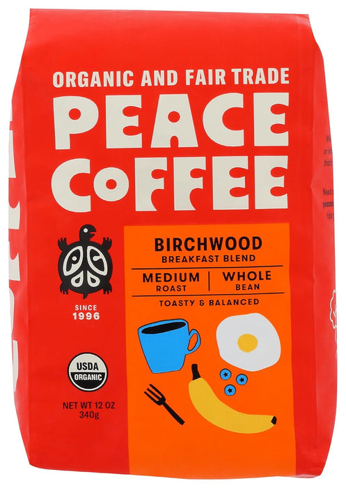 Peace Coffee  Organic Fair Trade Birchwood Blend Medium Roast Whole Bean   12 oz