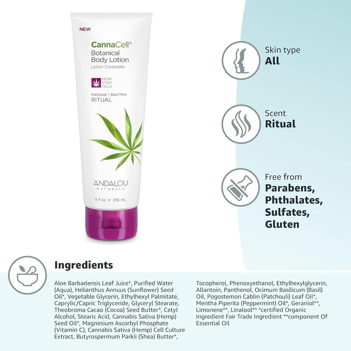 Andalou Naturals Cannacell Botanical Body Lotion Patchouli & Basil Mint 8 Oz