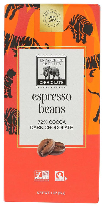 Endangered Species Natural Dark Chocolate Espresso Bean Bars 3 Oz