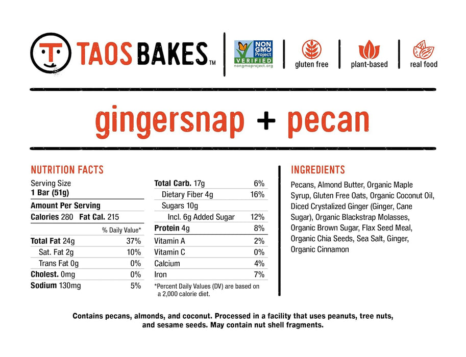 Taos Bakes  Gingersnap And Pecan Perfect 10 Bar   1.8 Oz