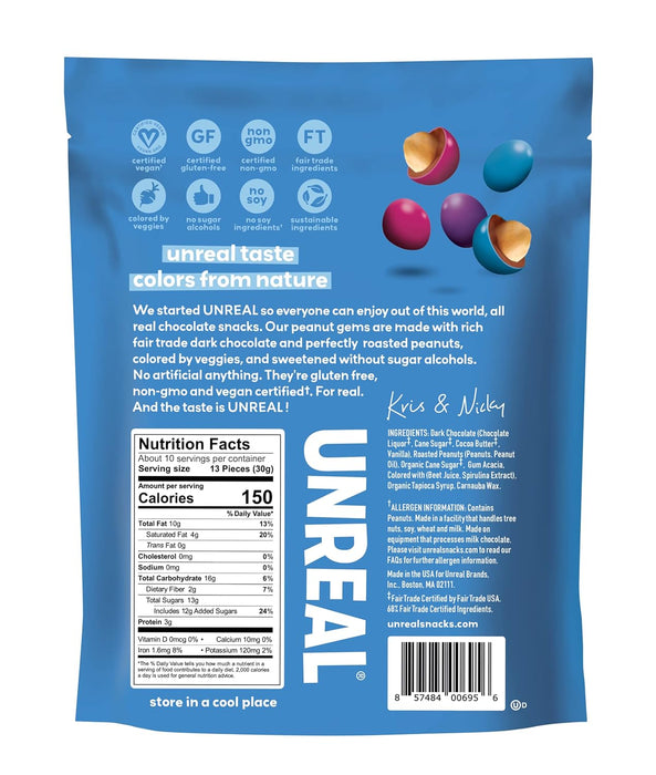 Unreal  Dark Chocolate Peanut Gems  Certified Vegan  Fair Trade  Non-Gmo  Made With Gluten-Free Ingr