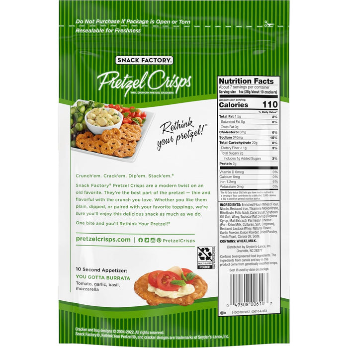 Snack Factory  Deli Style Garlic Parmesan Pretzel Crisps  7.2 Oz