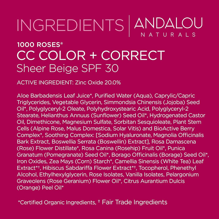 Andalou Naturals 1000 Roses Color Plus Correct Sheer Spf 30 Nude 2 Oz