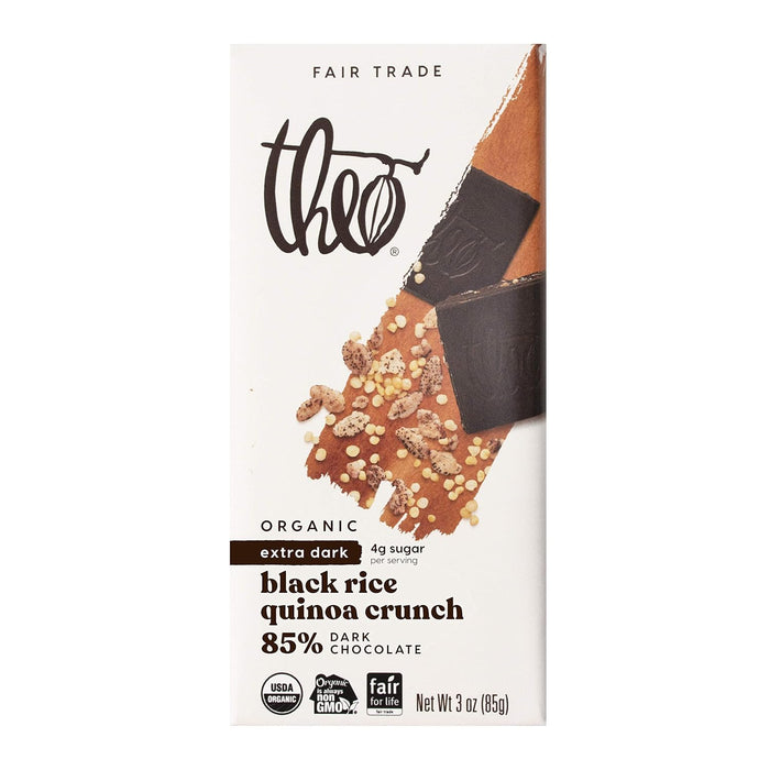 Theo Organic Black Rice Quinoa Crunch 85% Dark Chocolate Bar 3 Oz