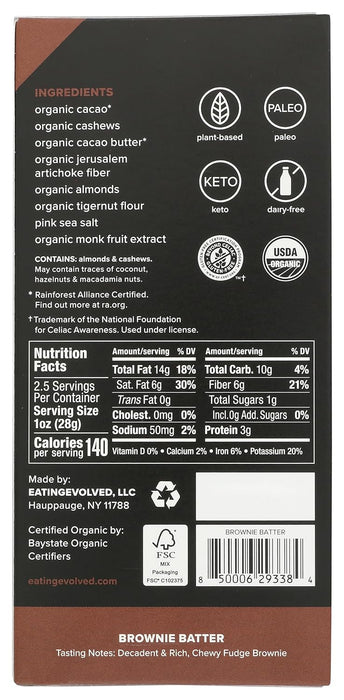 Evolved  Organic Chocolate Bar Keto Brownie Batter   2.5 Oz