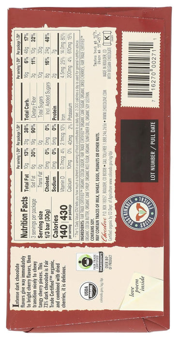 Chocolove  Organic Cherries In Dark Chocolate Bar   3.2 Oz