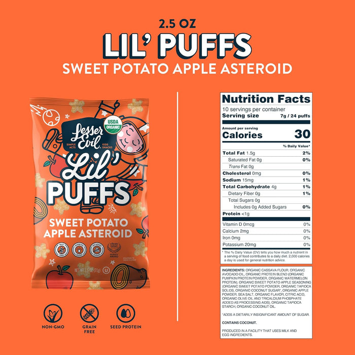 Lesser Evil Lil Puffs Og2 Sweet Potato Apple 2.5 OZ