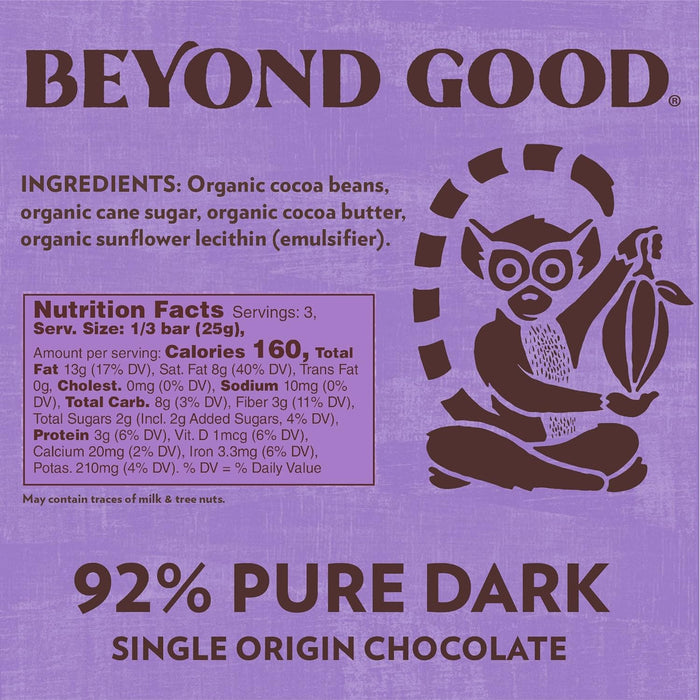 Beyond Good  Madagascar Pure Dark Chocolate Bar 92 Percent Cocoa   2.64 Oz