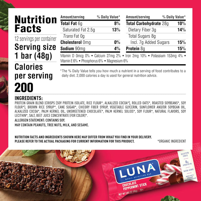 Luna  Gluten Free Chocolate Peppermint Stick Bar Made With Organic Ingredients   1.69 Oz