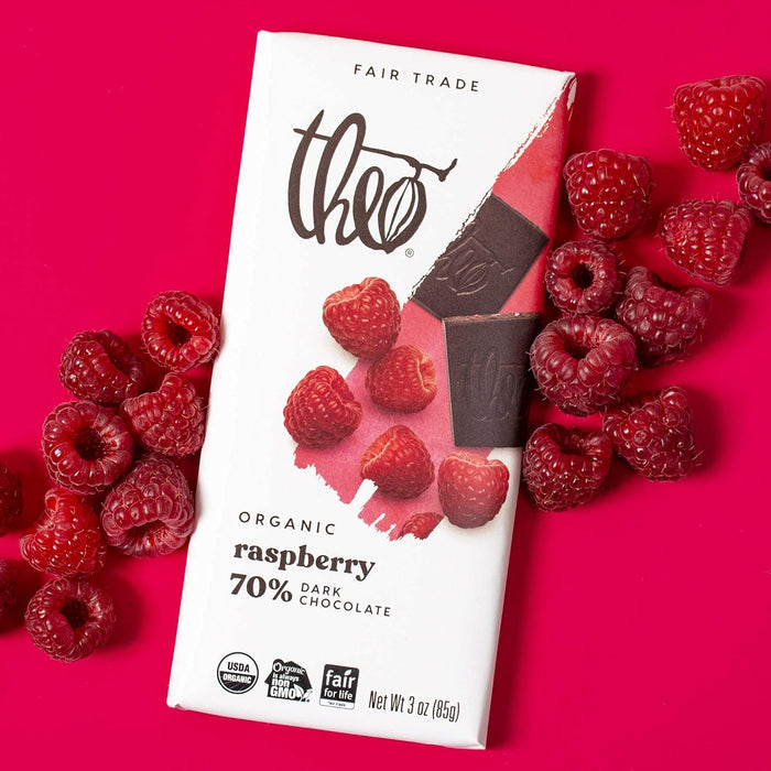 Theo Chocolate Dark Chocolate Bar 70 Percent Raspberry 3 Oz