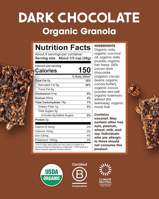 Alter Eco  Organic No Sugar Added Granola Dark Chocolate   8 Oz