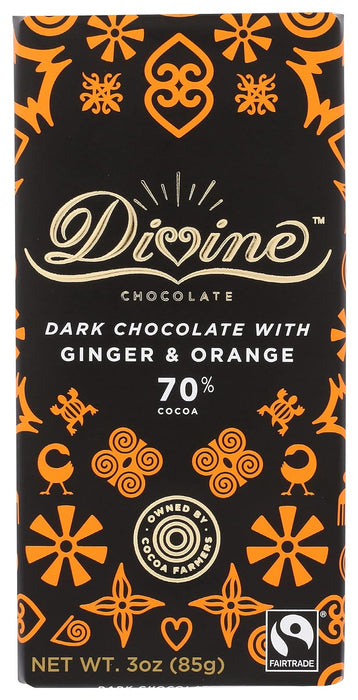 Divine Chocolate  Dark Chocolate Bar With Ginger & Orange 70%   3 Oz