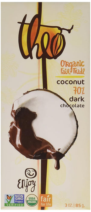 Theo Chocolate Organic 70% Dark Chocolate Bar Coconut 3 Oz