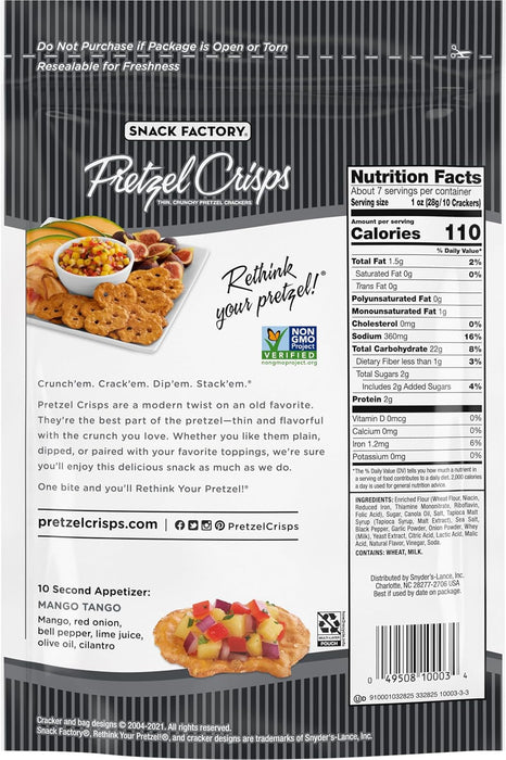 Snack Factory  Pretzel Crisps Deli Style Sea Salt And Cracked Pepper  7.2 Oz