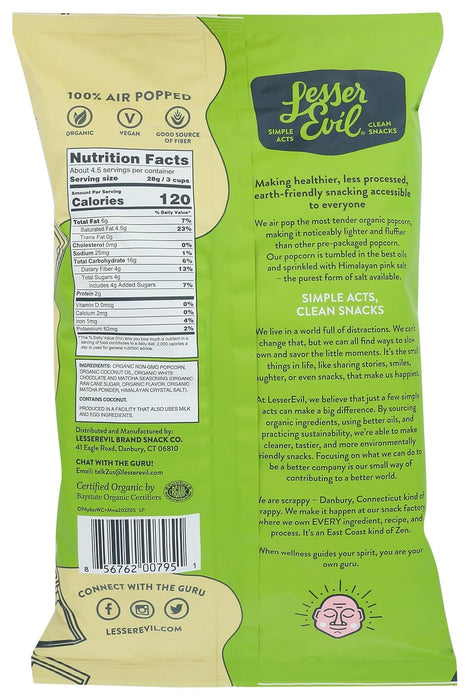 Lesser Evil  Organic Popcorn White Chocolate And Matcha Bag  4.6 Oz