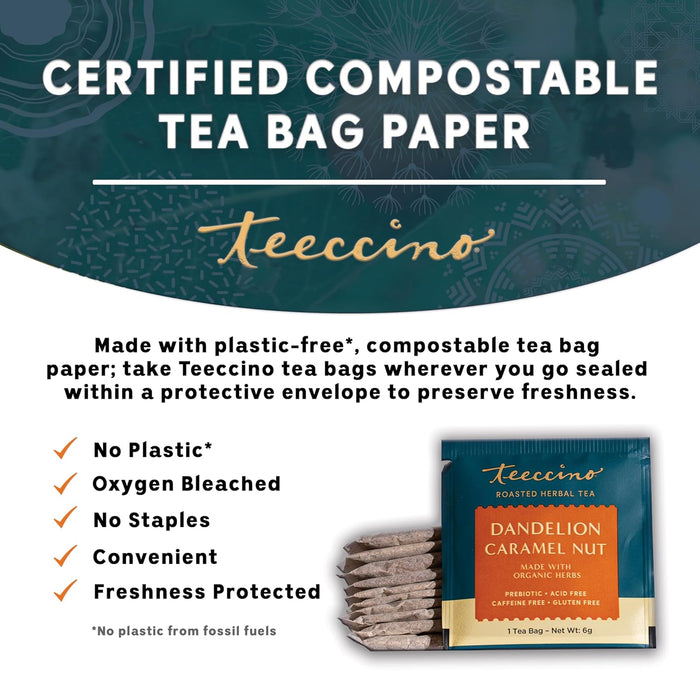 Teeccino  Chicory Herbal Tea  Dandelion Caramel Nut  10 Tea Bags  10 Bag