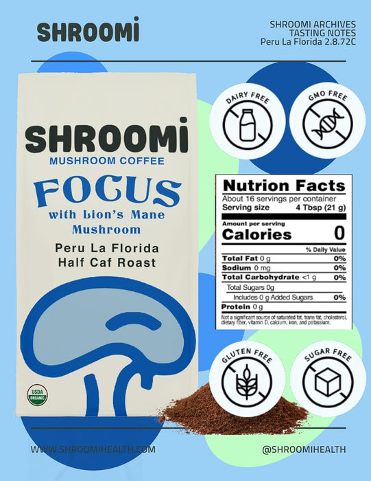 Shroomi Organic Ground Premium Mushroom Coffee Half Caf Roast 12 OZ