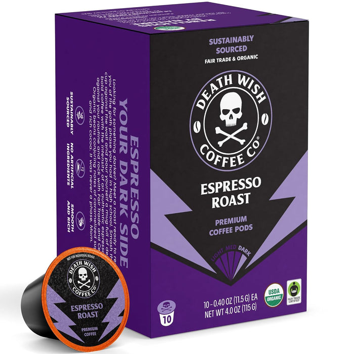 Death Wish Coffee  Espresso Roast Single Serve Pods - Extra Kick of Caffeine  Fair Trade and Organic