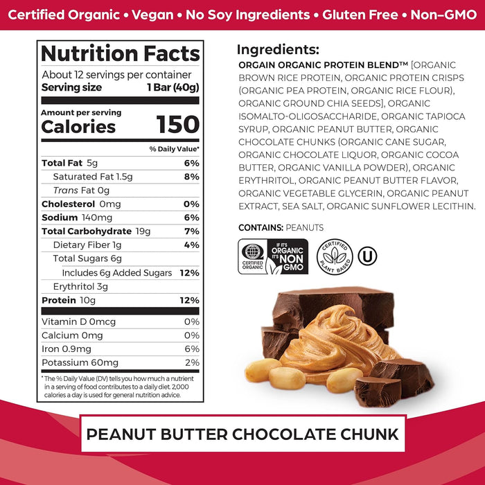 Orgain  Organic Protein Bar Peanut Butter Chocolate Chunk   1.41 Oz