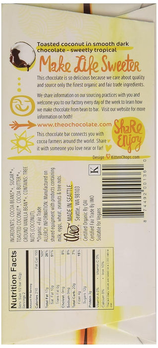 Theo Chocolate Organic 70% Dark Chocolate Bar Coconut 3 Oz