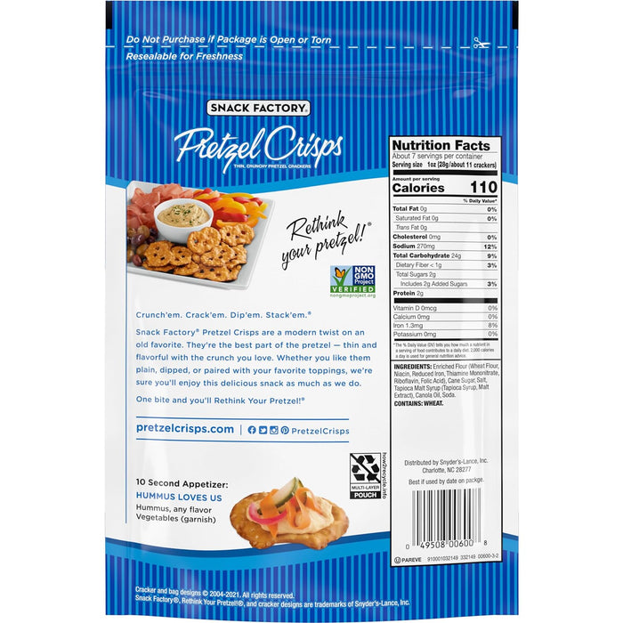 Snack Factory  Pretzel Crisps Deli Style Original Crackers  7.2 Oz