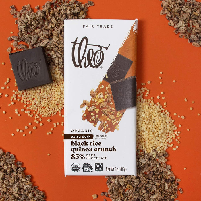 Theo Organic Black Rice Quinoa Crunch 85% Dark Chocolate Bar 3 Oz