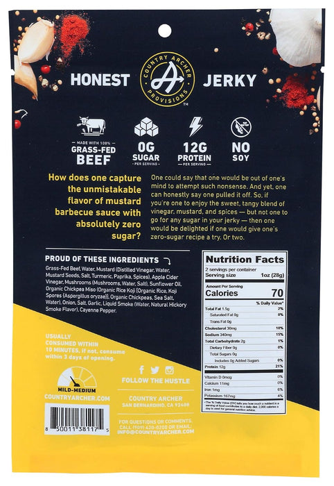Country Archer Jerky Co. Zero Sugar Grass Fed Mustard Bbq Beef Jerky 2 oz